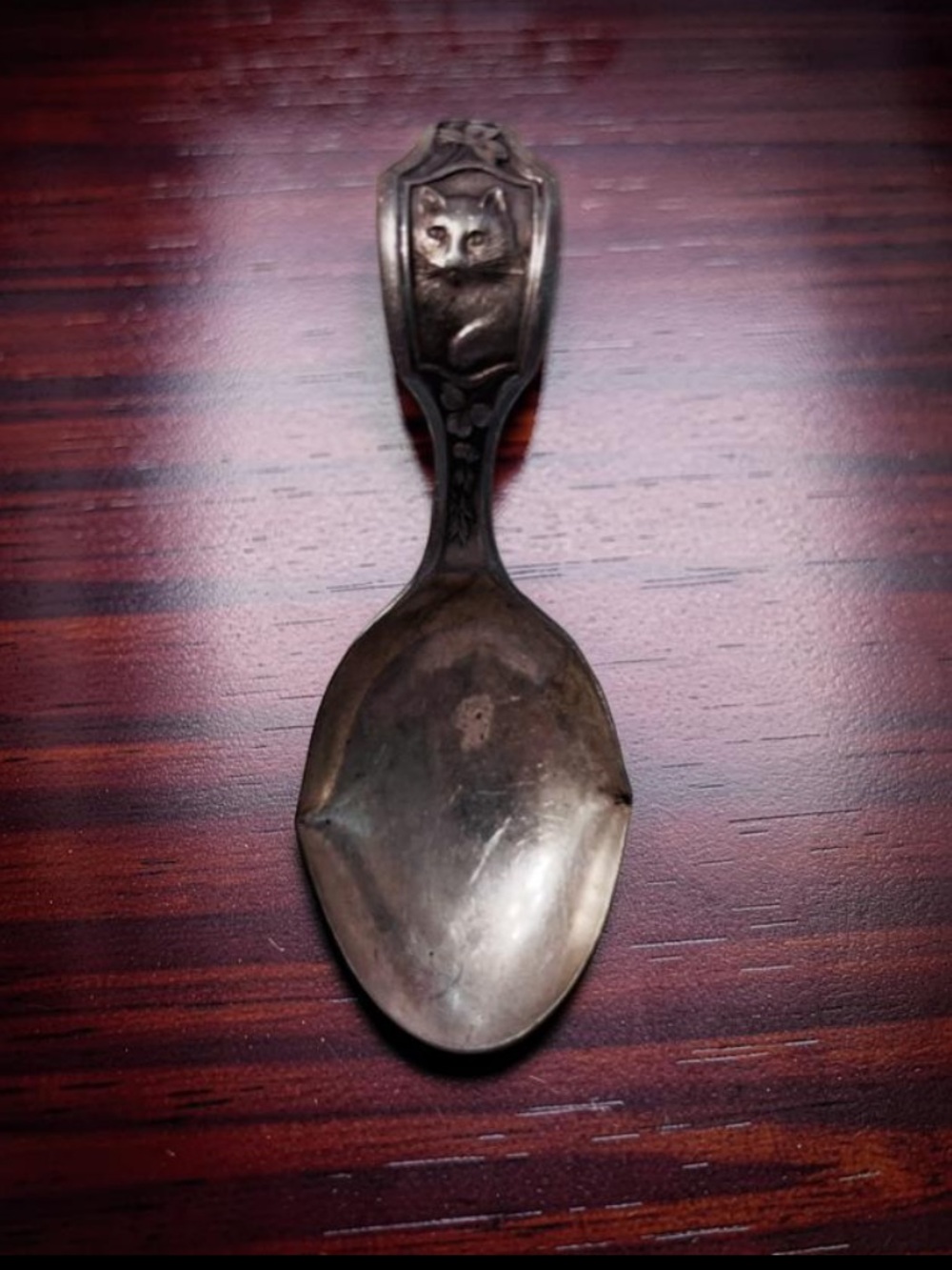 Sterling Silver Baby Spoon Decorative Spoon with Floral Detail & Kitty Antique